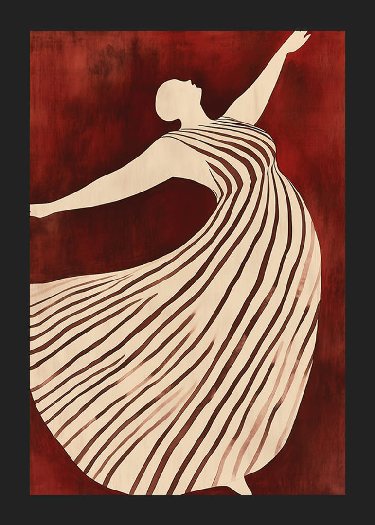 Plagát zobrazujúci postavu v pohybe vo splývavých pruhovaných šatách na tmavočervenom pozadí-12