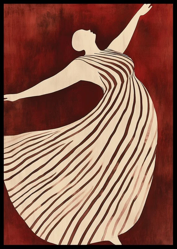 A poster depicting a figure in motion wearing a flowing striped dress against a deep red background-12