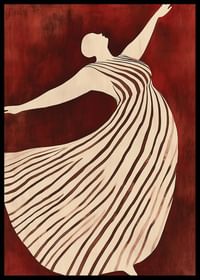 Ein Poster, das eine Figur in Bewegung zeigt, die ein fließendes gestreiftes Kleid vor einem tiefroten Hintergrund trägt-2