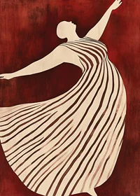 A poster depicting a figure in motion wearing a flowing striped dress against a deep red background-7