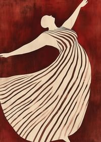 Ein Poster, das eine Figur in Bewegung zeigt, die ein fließendes gestreiftes Kleid vor einem tiefroten Hintergrund trägt-3