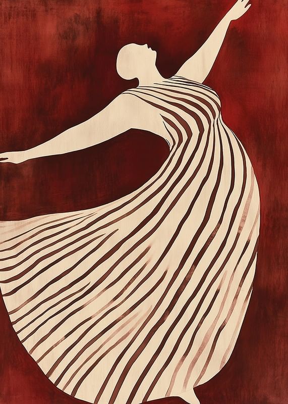 Ein Poster, das eine Figur in Bewegung zeigt, die ein fließendes gestreiftes Kleid vor einem tiefroten Hintergrund trägt-12