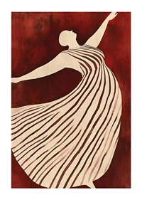 A poster depicting a figure in motion wearing a flowing striped dress against a deep red background-1