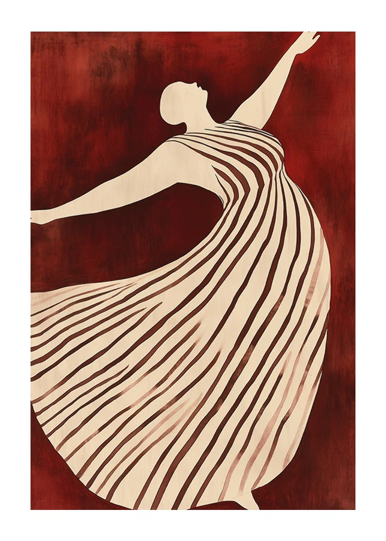 A poster depicting a figure in motion wearing a flowing striped dress against a deep red background-12