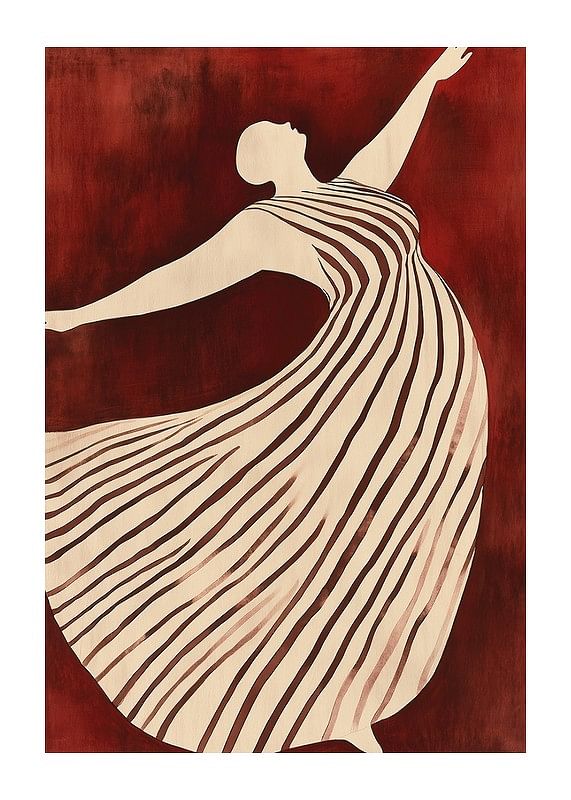 Ein Poster, das eine Figur in Bewegung zeigt, die ein fließendes gestreiftes Kleid vor einem tiefroten Hintergrund trägt-12