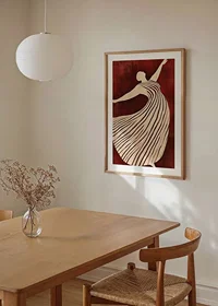 A poster depicting a figure in motion wearing a flowing striped dress against a deep red background-8