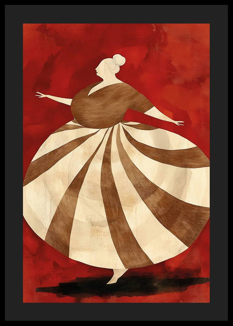 A poster depicting a spinning figure in a striped dress against an intense red background-12