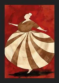 A poster depicting a spinning figure in a striped dress against an intense red background-5