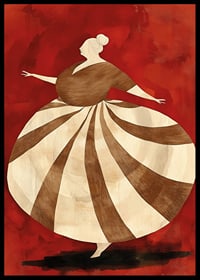 En poster som skildrar en snurrande figur i randig klänning mot en intensiv röd bakgrund-6
