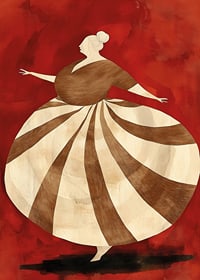 En poster som skildrar en snurrande figur i randig klänning mot en intensiv röd bakgrund-7