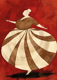 A poster depicting a spinning figure in a striped dress against an intense red background-7