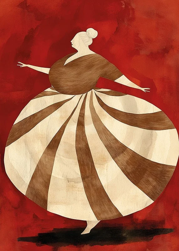 A poster depicting a spinning figure in a striped dress against an intense red background-12
