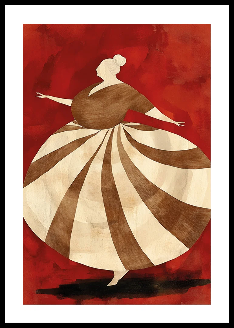 A poster depicting a spinning figure in a striped dress against an intense red background-12
