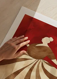 A poster depicting a spinning figure in a striped dress against an intense red background-9