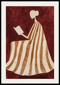 A poster depicting a reading figure in a striped dress against a warm, deep red background-2