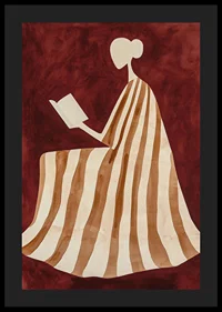 A poster depicting a reading figure in a striped dress against a warm, deep red background-4
