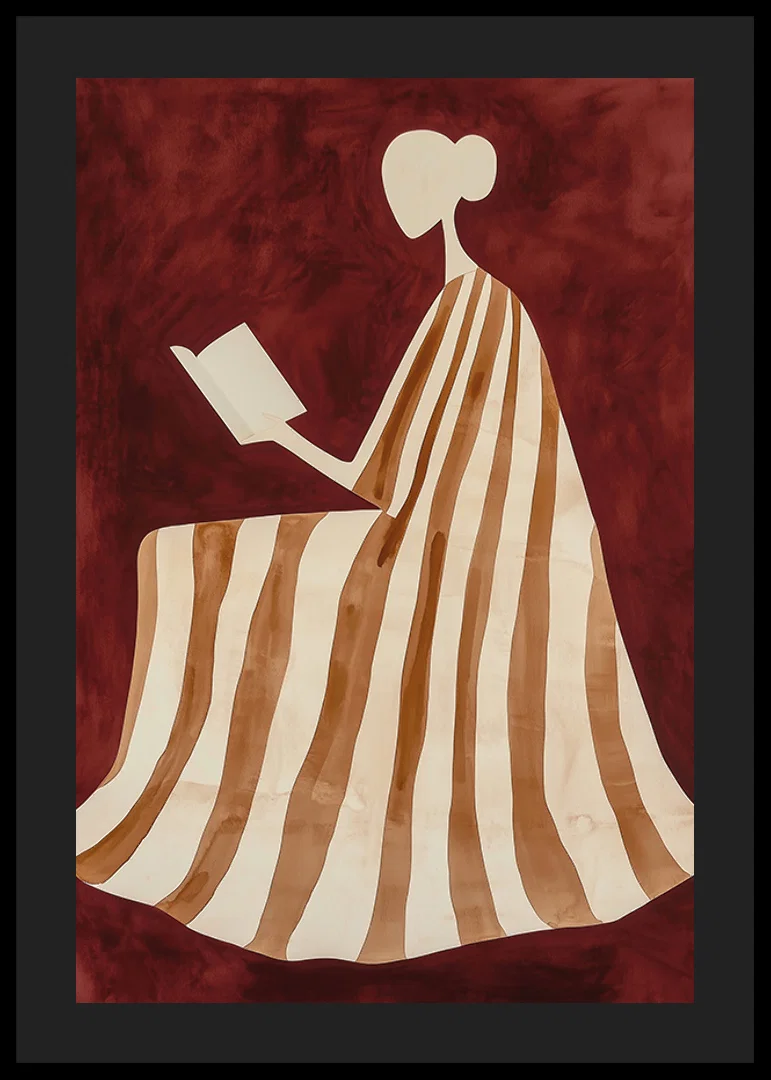 A poster depicting a reading figure in a striped dress against a warm, deep red background-12