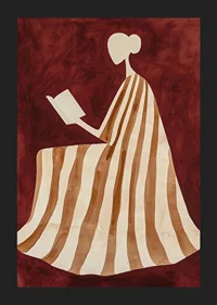 A poster depicting a reading figure in a striped dress against a warm, deep red background-5