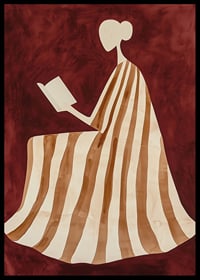 Um cartaz representando uma figura a ler com um vestido listrado sobre um fundo vermelho quente e profundo-6