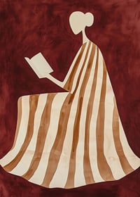 Um cartaz representando uma figura a ler com um vestido listrado sobre um fundo vermelho quente e profundo-7