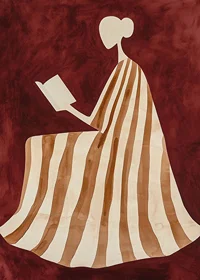 A poster depicting a reading figure in a striped dress against a warm, deep red background-7