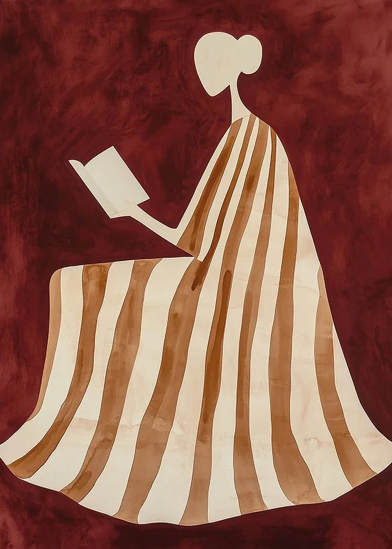 A poster depicting a reading figure in a striped dress against a warm, deep red background-12