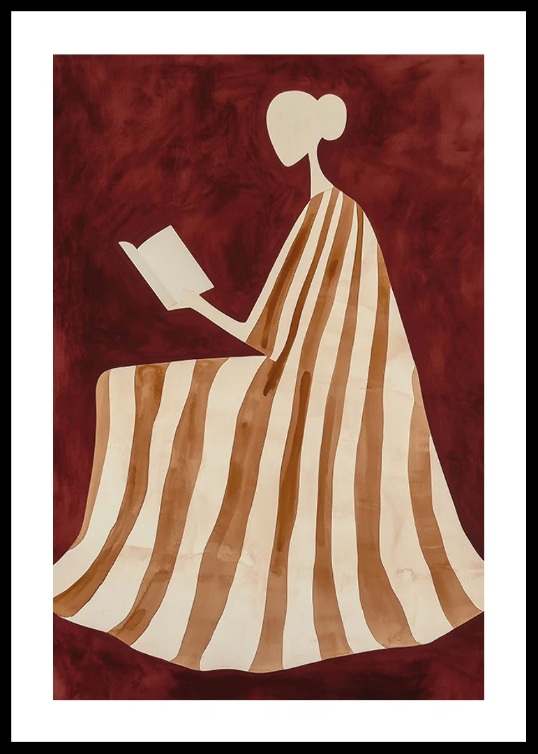 A poster depicting a reading figure in a striped dress against a warm, deep red background-12