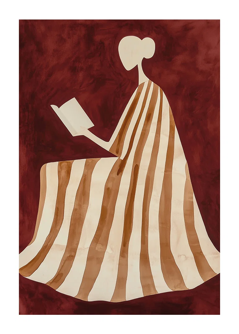A poster depicting a reading figure in a striped dress against a warm, deep red background-12