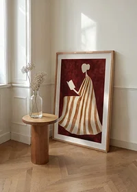 A poster depicting a reading figure in a striped dress against a warm, deep red background-8