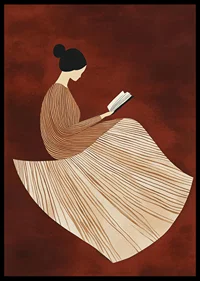 A poster depicting a reading figure in a line-patterned dress against a warm, reddish-brown background-6