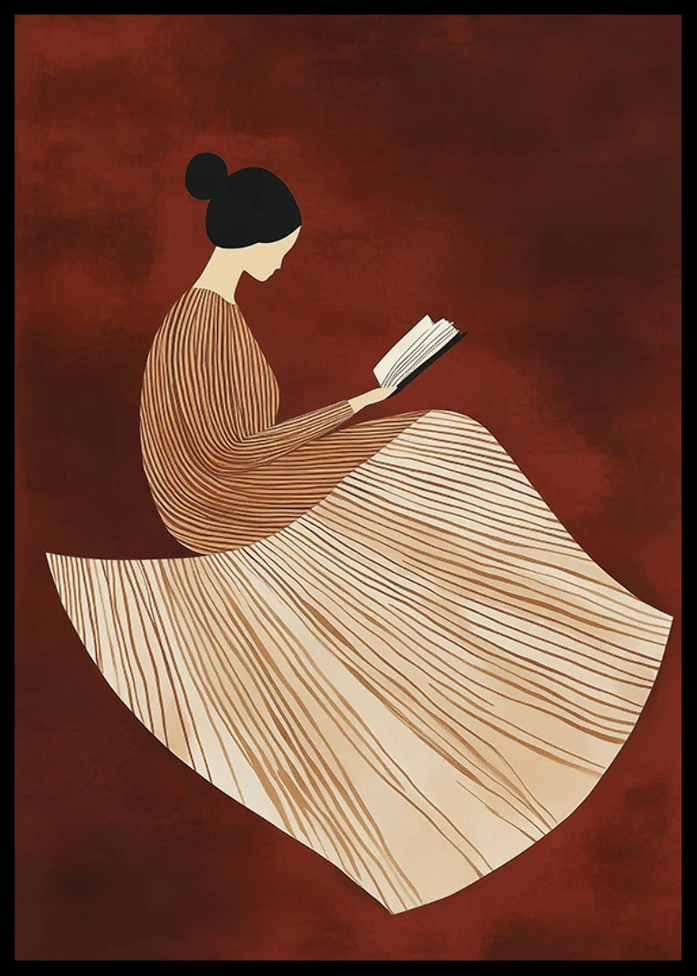 A poster depicting a reading figure in a line-patterned dress against a warm, reddish-brown background-12