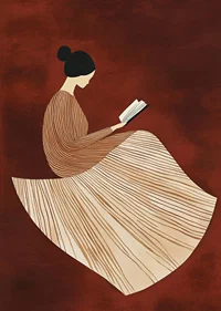 A poster depicting a reading figure in a line-patterned dress against a warm, reddish-brown background-7