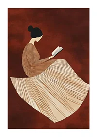 A poster depicting a reading figure in a line-patterned dress against a warm, reddish-brown background-1