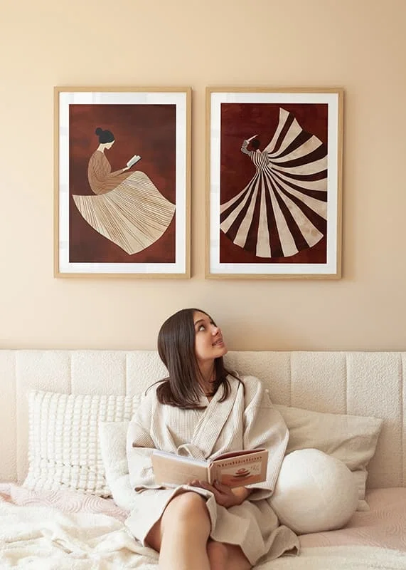 A poster depicting a reading figure in a line-patterned dress against a warm, reddish-brown background-12