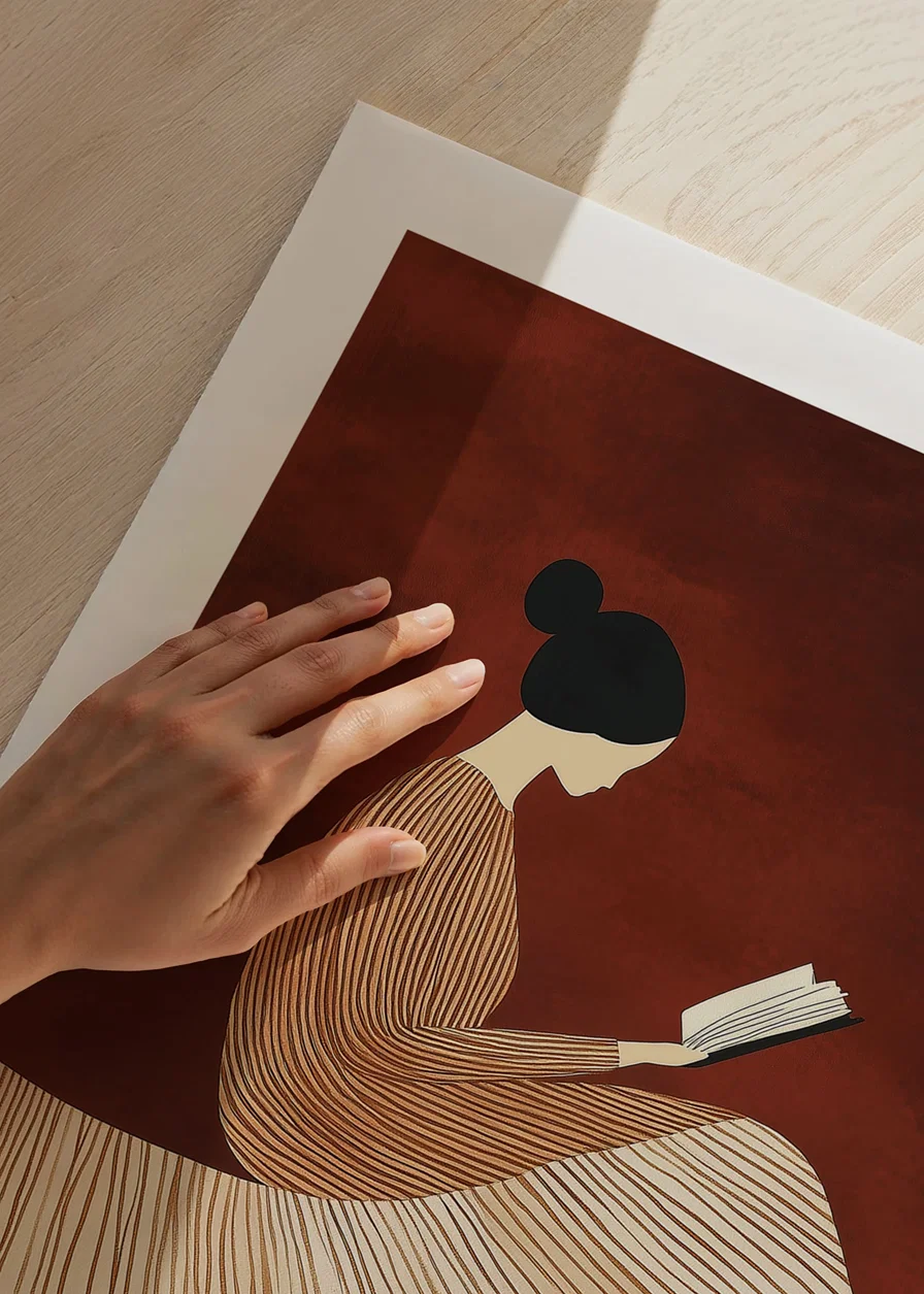 A poster depicting a reading figure in a line-patterned dress against a warm, reddish-brown background-12