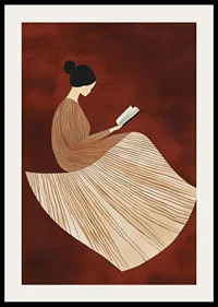 A poster depicting a reading figure in a line-patterned dress against a warm, reddish-brown background-2