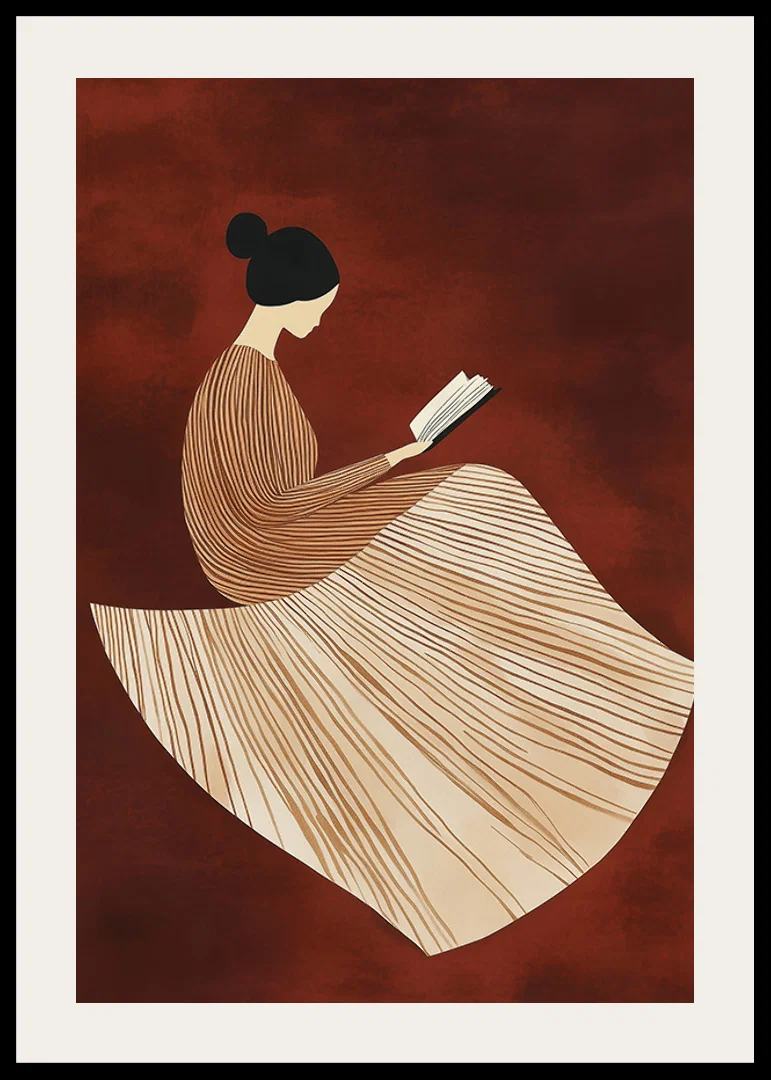 A poster depicting a reading figure in a line-patterned dress against a warm, reddish-brown background-12