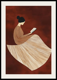 En plakat, der forestiller en læsende figur i en stregmønstret kjole mod en varm, rødbrun baggrund-2