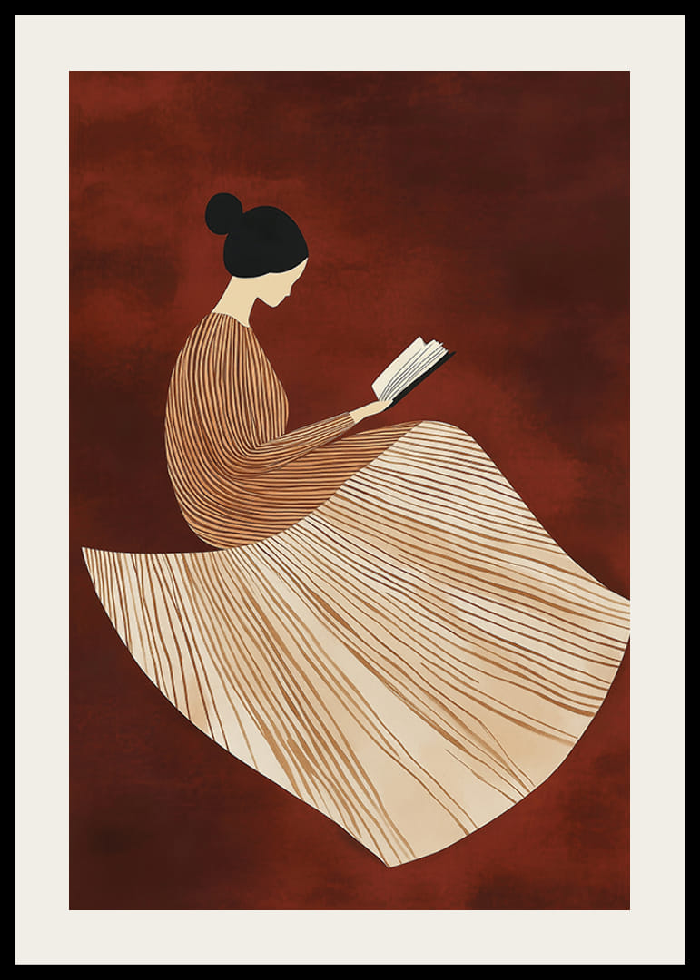 En plakat, der forestiller en læsende figur i en stregmønstret kjole mod en varm, rødbrun baggrund-12