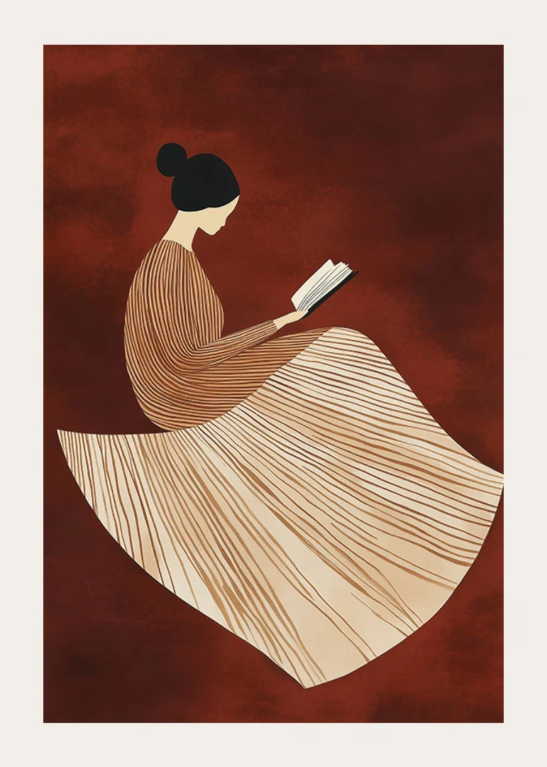 A poster depicting a reading figure in a line-patterned dress against a warm, reddish-brown background-12