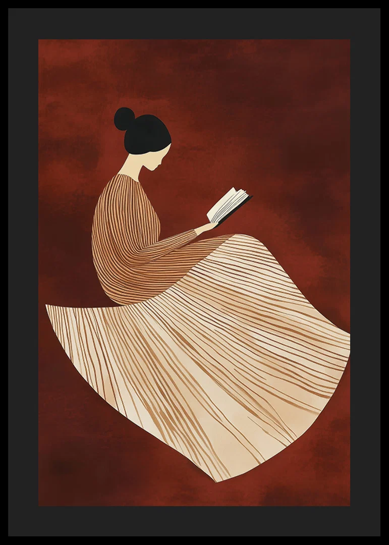 A poster depicting a reading figure in a line-patterned dress against a warm, reddish-brown background-12