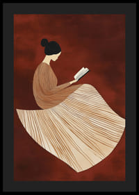 En plakat, der forestiller en læsende figur i en stregmønstret kjole mod en varm, rødbrun baggrund-4