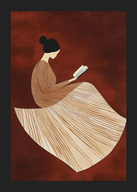 En plakat, der forestiller en læsende figur i en stregmønstret kjole mod en varm, rødbrun baggrund-5