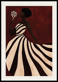 En plakat av en kvinne i en virvlende, sjokolade- og vaniljefarget kjole med en slikkepinne-2