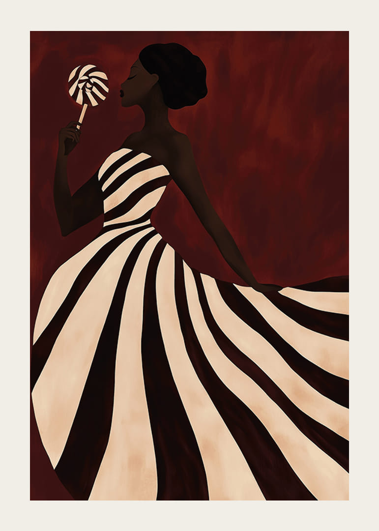 En plakat av en kvinne i en virvlende, sjokolade- og vaniljefarget kjole med en slikkepinne-12