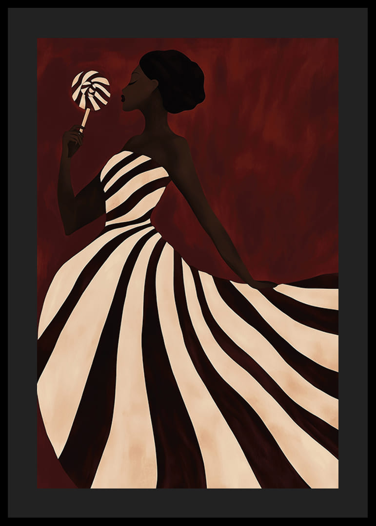 En plakat av en kvinne i en virvlende, sjokolade- og vaniljefarget kjole med en slikkepinne-12