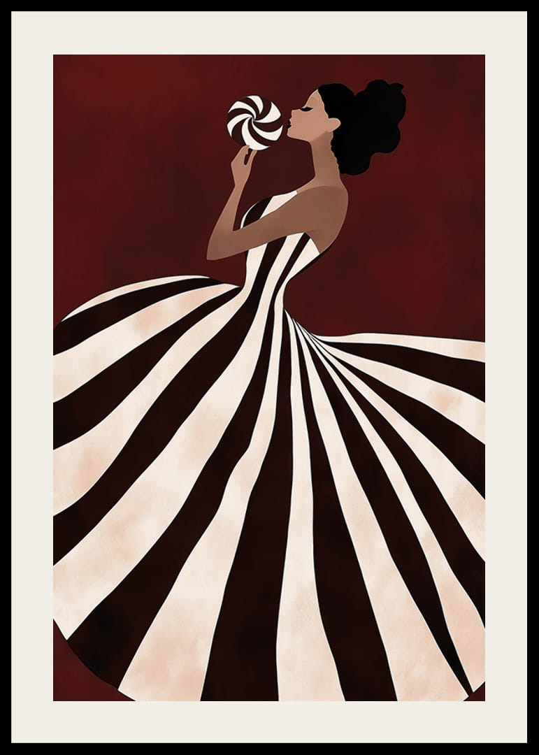 Une affiche d'une femme dans une robe à rayures tourbillonnantes tenant une sucette -12