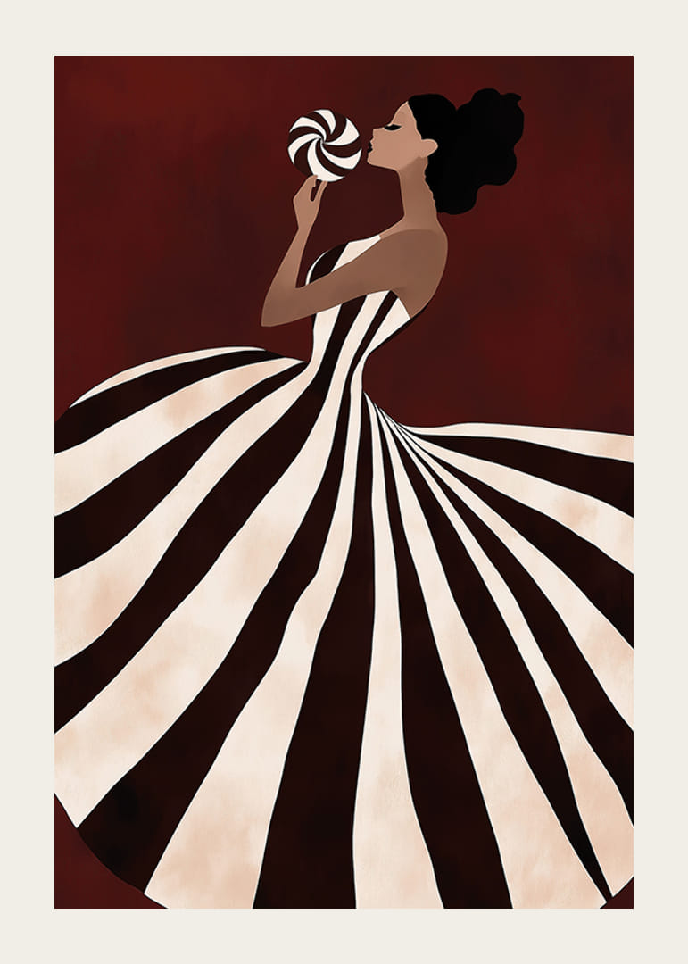 Une affiche d'une femme dans une robe à rayures tourbillonnantes tenant une sucette -12
