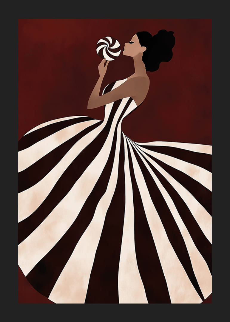 Une affiche d'une femme dans une robe à rayures tourbillonnantes tenant une sucette -12