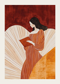 A poster of a woman in a striped dress reading a book -3